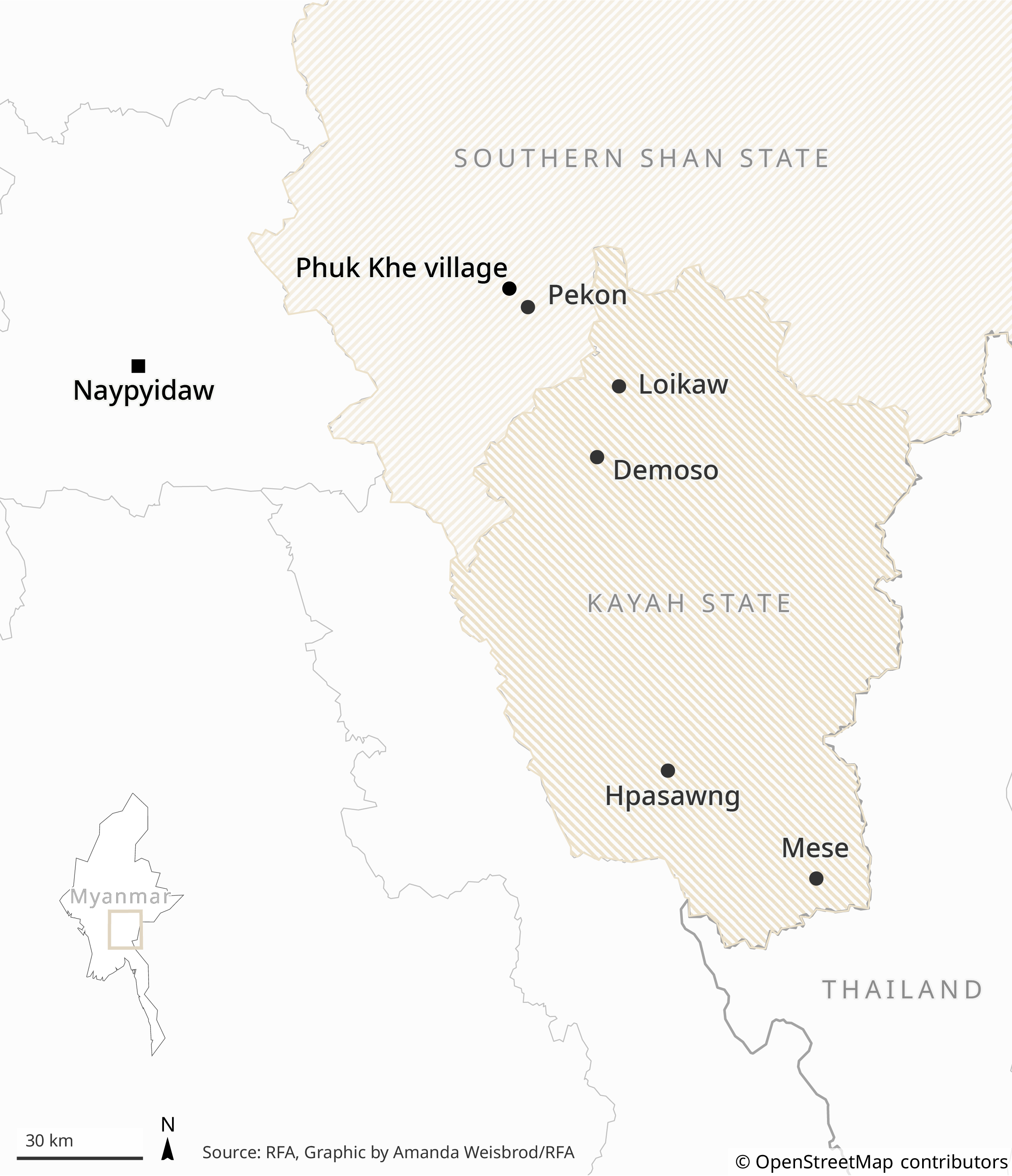 Map showing the locations of the capital Naypyidaw, Phuk Khe village, Pekon, Loikaw, Demoso, Hpasawng, and Mese in Myanmar