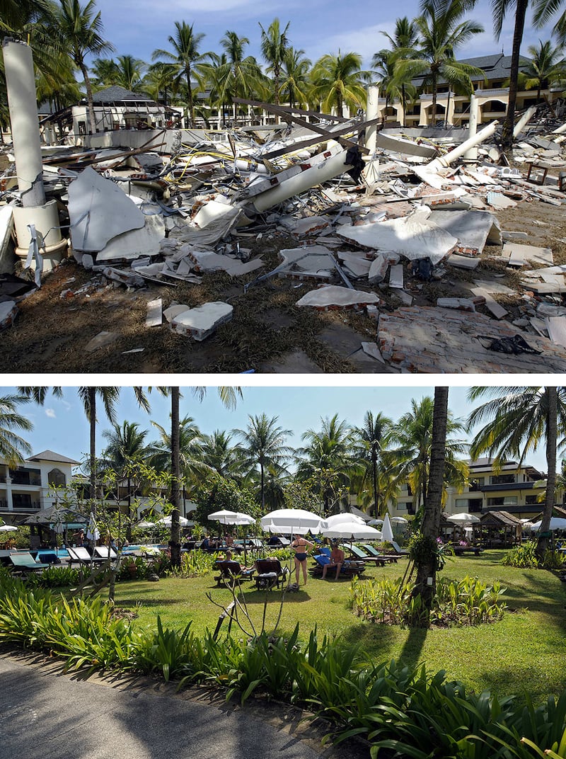 Top: Damage from the Indian Ocean Tsunami is seen in the courtyard of the Orchid resort at Khao Lak, Thailand, on Dec. 29, 2004. Bottom: The same location on Dec. 24, 2009.