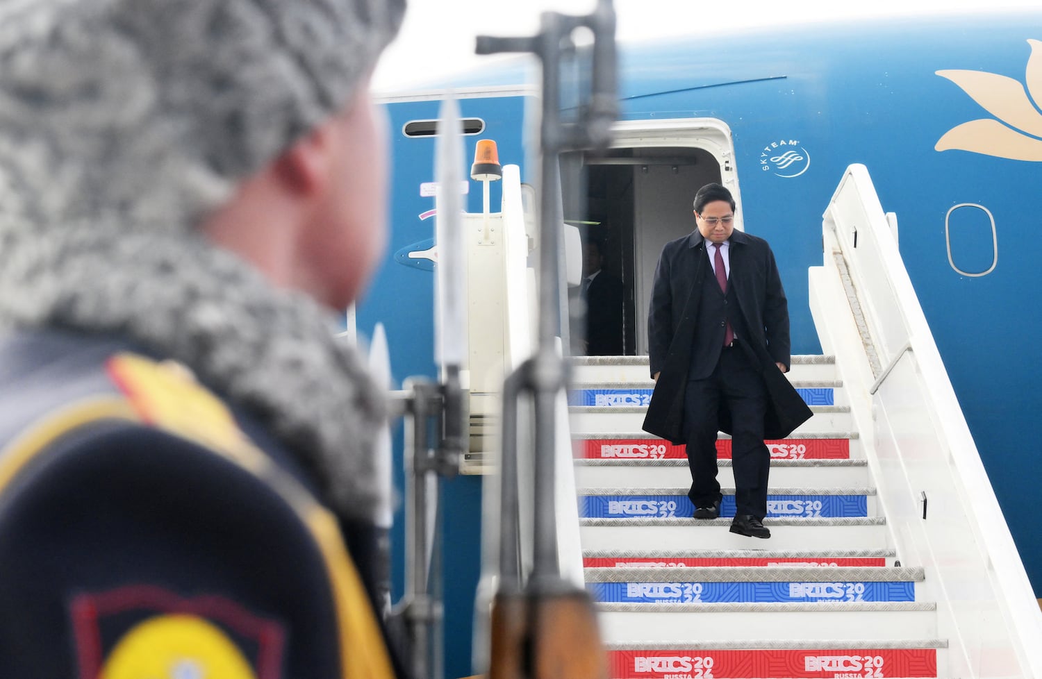 Vietnamese Prime Minister Pham Minh Chinh arrives at Kazan airport for a BRICS summit in Russia on Oct. 23, 2024.