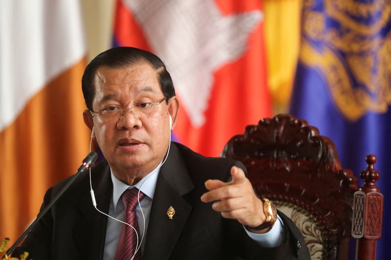 Hun Sen speaks at a press conference at the National Assembly after a vote to confirm his son, Hun Manet, as Cambodia's prime minister in Phnom Penh, Cambodia, August 22, 2023.  REUTERS/Cindy Liu