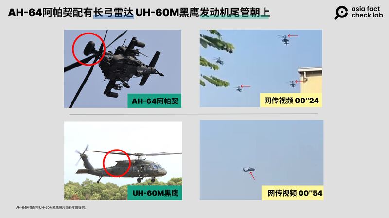 网传视频中的直升机与"AH-64"阿帕契及"UH-60M"黑鹰细节对比（AFCL制图）