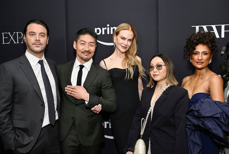 The cast of Amazon Prime's “Expats,” from left to right, Jack Huston, Brian Tee, Nicole Kidman, Lulu Wang and Sarayu Blue attend the premiere at the Museum of Modern Art Jan. 21, 2024, in New York. (Evan Agostini/Invision via AP)