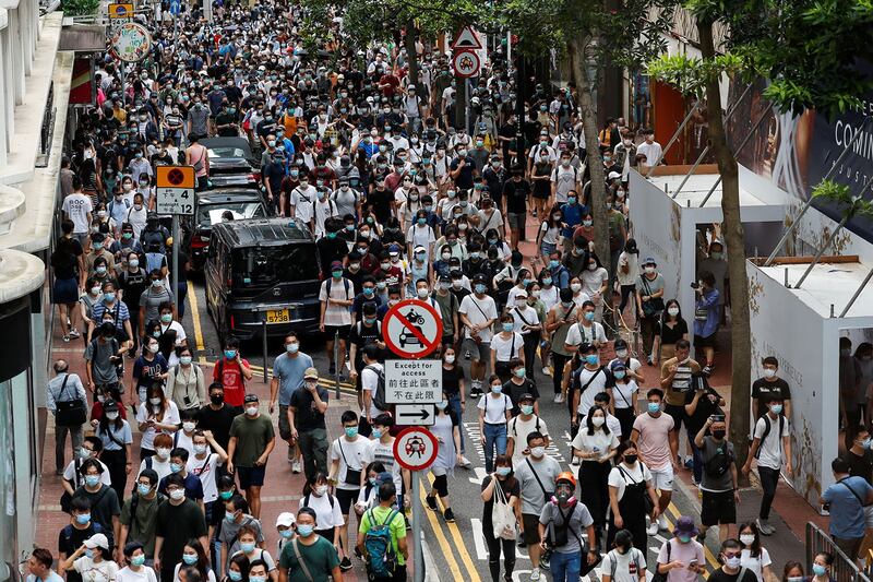 2020年7月1日，香港市民反国家安全法抗议大游行。（路透社）