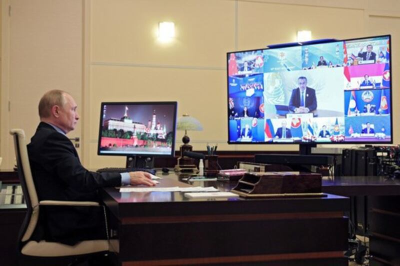 Russian President Vladimir Putin attends the virtual ASEAN-East Asia Summit, hosted by Brunei, via a video link at his residence outside Moscow, Oct. 27, 2021. Credit: Sputnik via Reuters