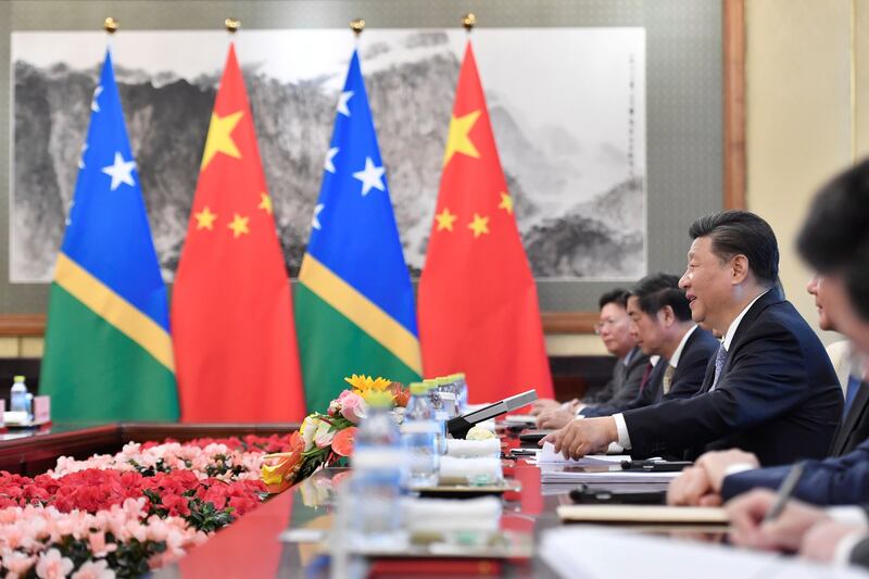 Chinese President Xi Jinping talks to Solomon Islands Prime Minister Manasseh Sogavare (not pictured) during their meeting at the Diaoyutai State Guesthouse in Beijing, China, October 9, 2019. Credit: Reuters