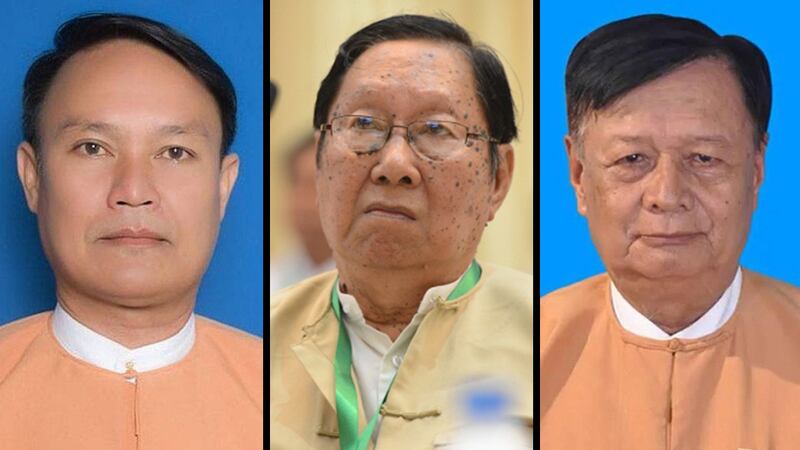 Mon State Assembly NLD MP Kyaw Myo Min (L), NLD Party Secretary Nyan Win (C), and Bago region MP Nyunt Shwe (R), in a composite photo. Credit: Citizen journalist