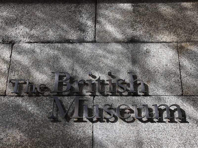 The logo of the British Museum is seen on a museum wall in London, England, Sept. 28, 2023.