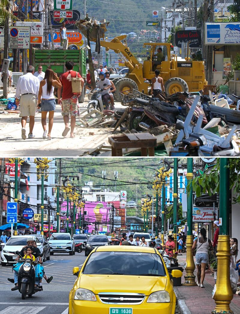 Top: Construction equipment is used to remove debris from a street in Phuket, Thailand, following the tsunami, Dec. 28, 2004. Bottom: The street seen on Nov. 18, 2024.