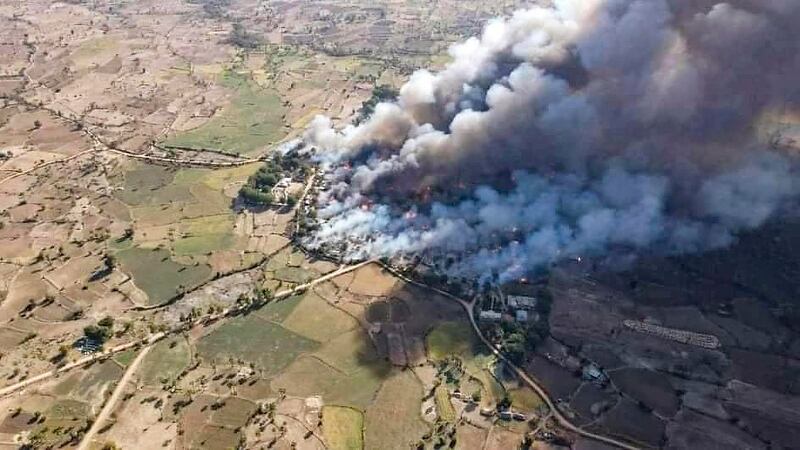 An aerial view of Chaung Oo village, in Sagaing region's Pale township, where junta troops and Pyu Saw Htee fighters burned more than 300 homes, Dec. 18, 2021. Credit: RFA