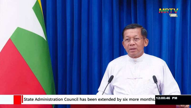 In this image from video by Myanmar state broadcaster MRTV, Snr. Gen. Min Aung Hlaing, head of the ruling State Administration Council, delivers a speech Monday, Aug. 1 2022. Credit: MRTV via AP