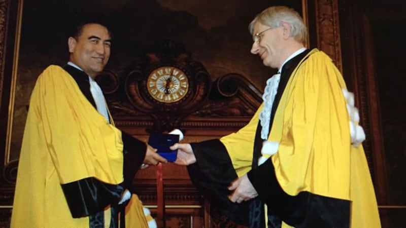 Former Xinjiang University President Tashpolat Teyip (L) at the University of Paris in France in an undated photo. (Nury Teyip)