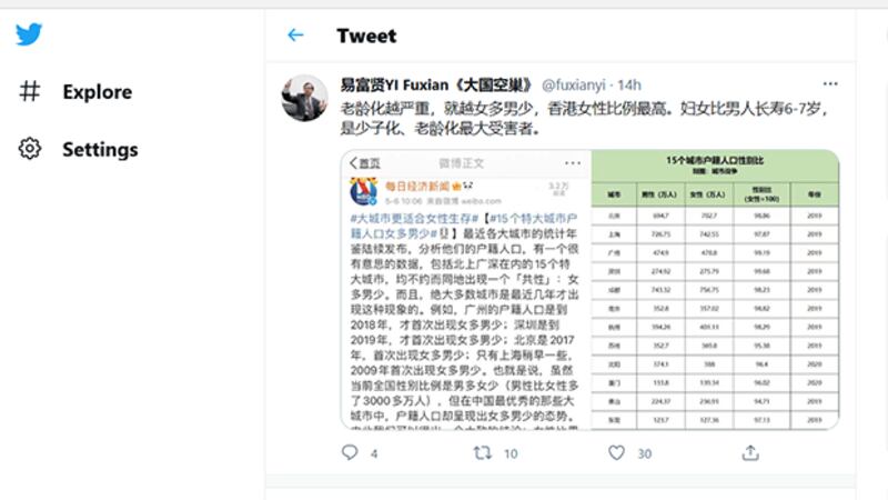 人口学家易富贤的相关推文（推特截图）