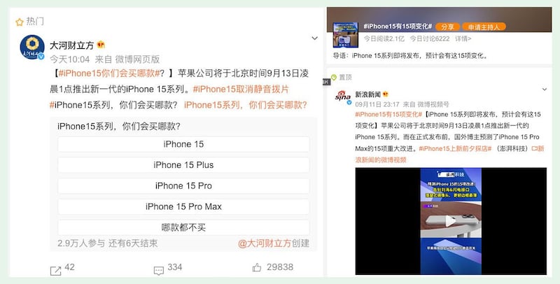 左图：#iPhone15有15项变化相关话题，一度冲上微博热搜第一，吸引2亿阅读量。(截图自微博/黄春梅提供)；右图：iPhone15会买哪一款的网路投票，有3万人参与。(截图自微博/黄春梅提供)