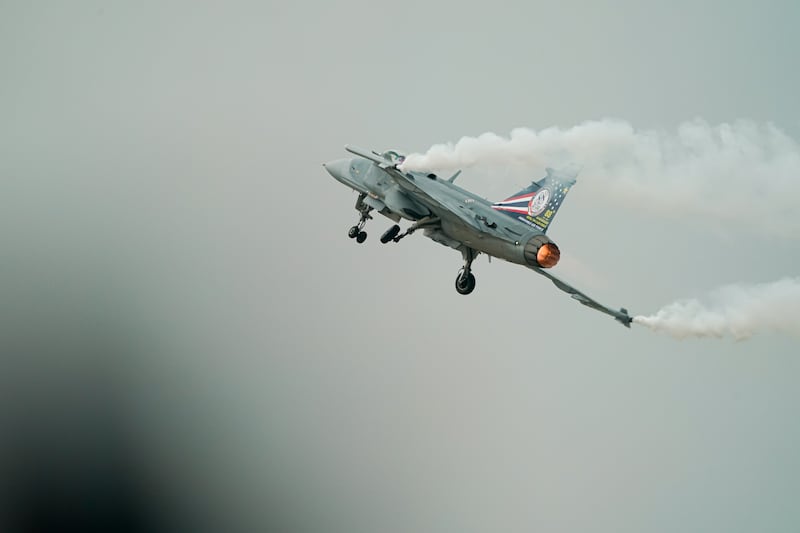 A Royal Thai Air Force JAS 39 Gripen fighter jet  takes off from Bangkok’s Don Mueang air base, Mar. 7, 2025.