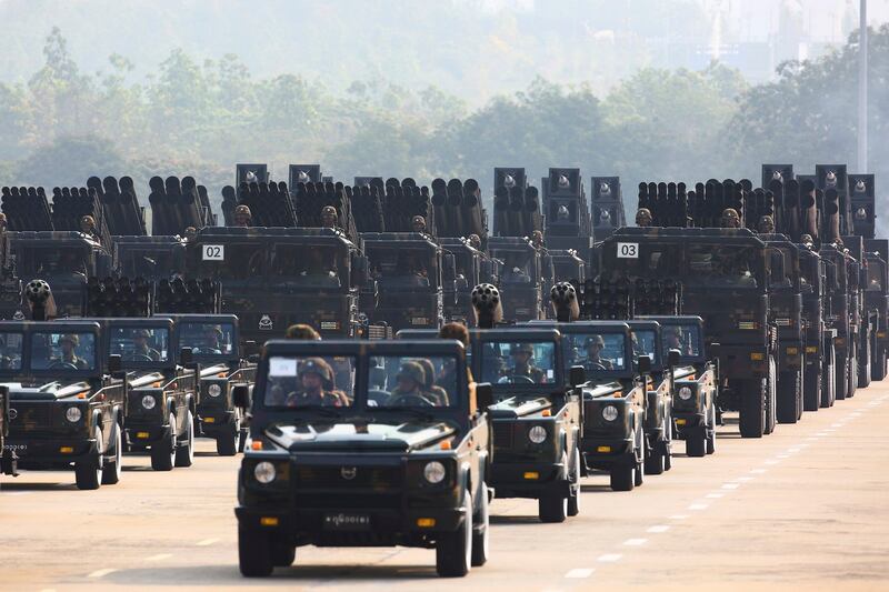 Myanmar military vehicles take part in the commemoration of the country's 78th Armed Forces Day in Naypyidaw, Myanmar, March 27, 2023. Credit: Aung Shine Oo/AFP