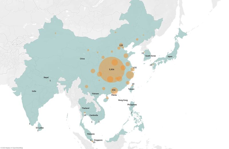 A map showing the latest confirmed cases of the novel coronavirus (nCoV) in Asia. RFA