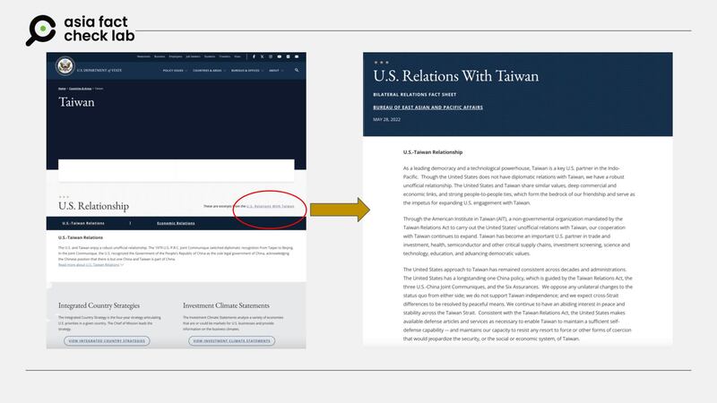 目前美国国务院网站上介绍台湾的页面，点击链接（上图红圈处）有美国与台湾关系的详细介绍。
