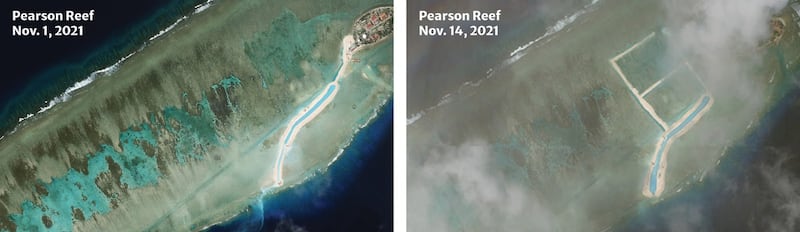 Satellite imagery from Nov. 14 shows the construction of a marina or harbor taking place on the left side of Pearson Reef, the latest indication of building at the Vietnamese-held feature, also pictured on Nov. 1. Imagery: Planet Labs Inc. Analysis: RFA