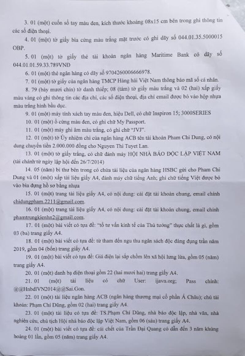 Biển bản khám xét nhà riêng nhà báo Phạm Chí Dũng hôm 21/11/2019