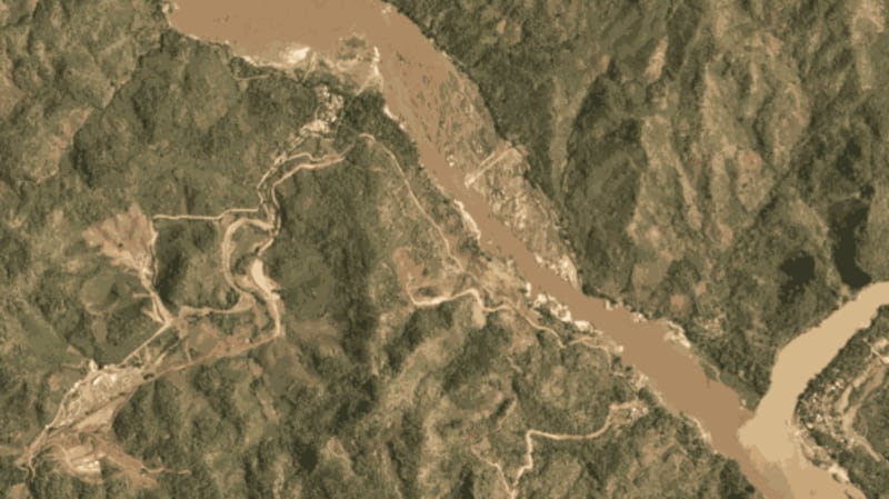 Satellite photos taken on April 14 and July 14, 2020 show the progress of preliminary infrastructure construction for the Luangprabang dam project in Laos.