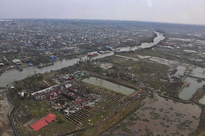 An aerial view of damages following Cyclone Mocha's landfall in Sittwe, Rakhine State. Credit: Myanmar Military via AP