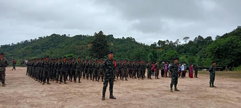 Soldiers take part in a ceremony to mark the 73rd anniversary of the founding of the Karenni Army in Kayah state near Myanmar's border with Thailand, Aug. 17, 2021. Credit: RFA