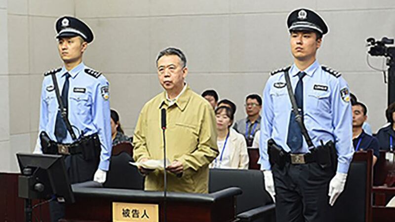 国际刑警组织前主席、中国公安部前副部长孟宏伟受贿案2019年6月20日在天津中级法院开庭审理（法新社）