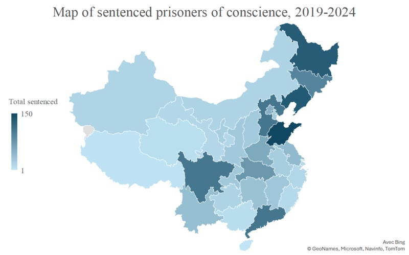 Map of sentenced prisoners of conscience across mainland China excluding Hong Kong and Macao.