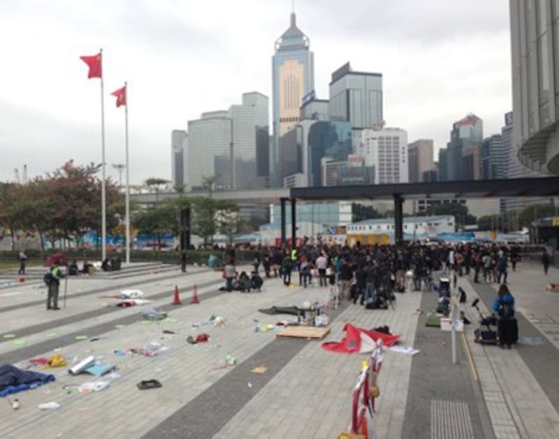 The last protestors leave the occupied area in front of the Legislative Council in Hong Kong, Dec. 15, 2014.