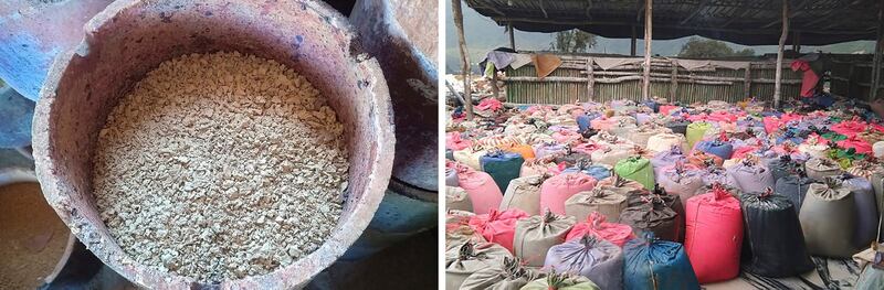 Rare earth ores [left] are burned down before being transported from Kachin state to China. At right, sacks of rare earth ores await transport to China. Credit: Global Witness via AP