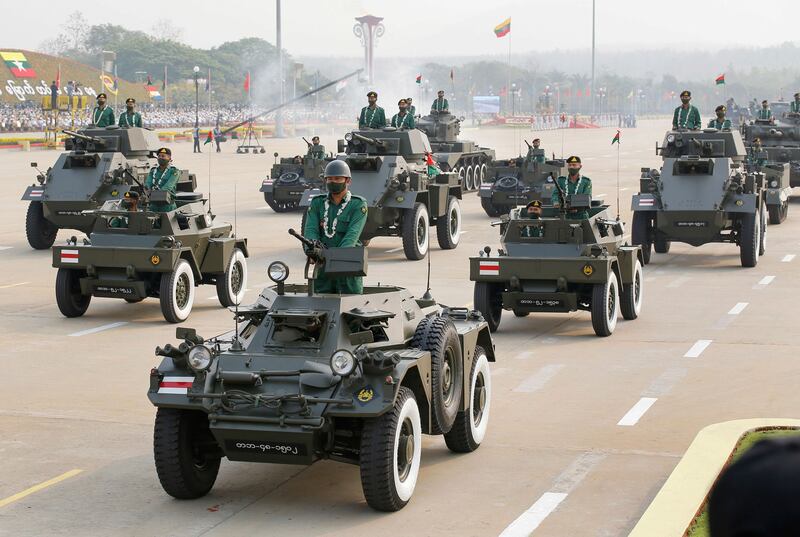 Myanmar junta's soldiers participate in a parade to mark Armed Forces Day in Naypyitaw in 2021.Indian arms sales to Myanmar are supporting the military regime's war crimes and the international community must act to stop them, rights activists and analysts said Monday, in response to a new report detailing weapons shipments to the junta in recent months. Credit: Reuters