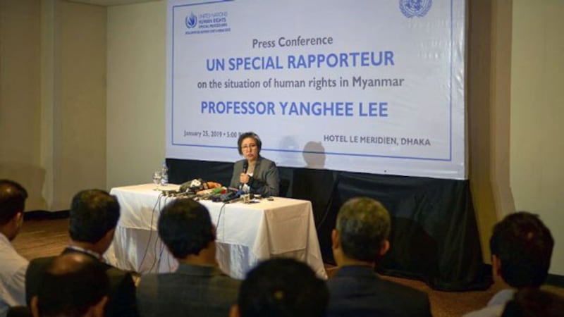 Yanghee Lee, the United Nations special rapporteur on the situation of human rights in Myanmar, speaks at a press conference in Dhaka, Bangladesh, Jan. 25, 2019.