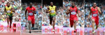 Từ trái, Yohan Blake (Jamaica), Justin Gatlin (Mỹ), Usain Bolt (Jamaica), Tyson Gay (Mỹ), và Ryan Bailey (Mỹ) trong vòng đầu cuộc thi 100 mét nước rút vào ngày 04/08/2012 tại ở Olympic London 2012. AFP Photo/Olivier Morin.