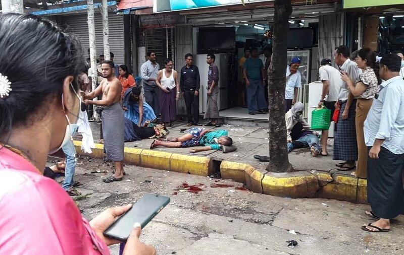 The scene of a bomb blast at the bus stop near Bar Street and Anawrahta Road in Kyauktada Township, in Myanmar's Yangon region, May 31, 2022. Credit: Citizen journalist.