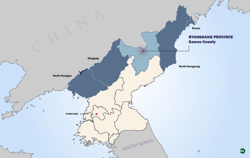 Samsu County in North Korea's Ryanggang province, where in mid-August a border guard platoon leader was arrested for receiving 500 kg (1,100 lbs) of saccharine from a Chinese smuggler and breaking coronavirus quarantine rules.