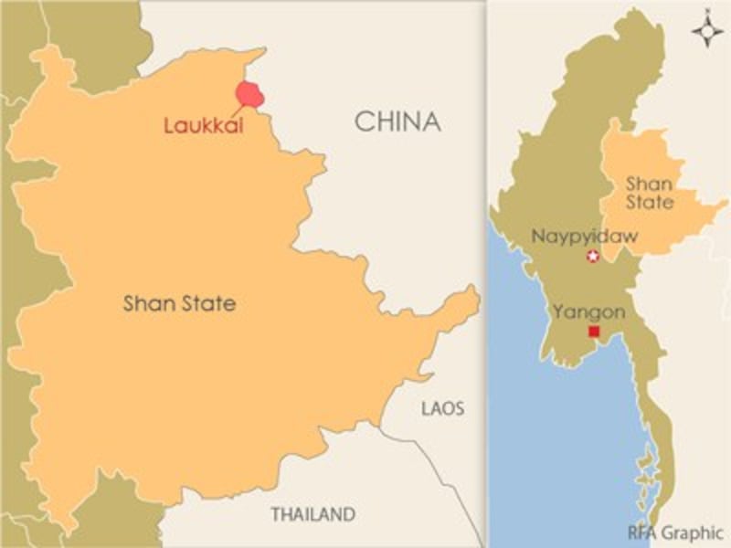 The map shows Laukkai, the regional capital of Kokang, in northeastern Shan state.