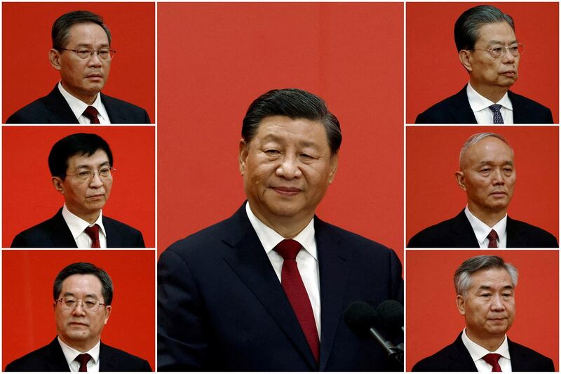 A combination picture shows Chinese leaders Xi Jinping, Li Qiang, Zhao Leji, Wang Huning, Cai Qi, Ding Xuexiang, and Li Xi meeting the media following the 20th National Congress of the Communist Party of China, at the Great Hall of the People in Beijing, China October 23, 2022. REUTERS/Tingshu Wang