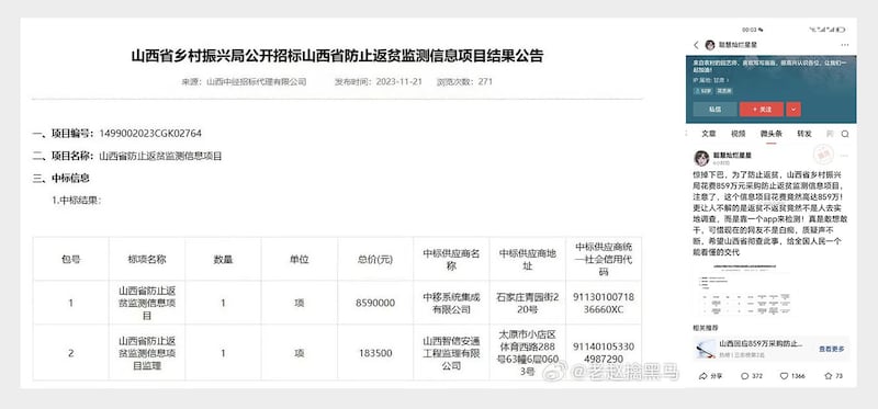 左图：山西省乡村振兴局的一则招标结果公告引发争议。 右图：网民用“惊掉下巴”表示对山西耗资859万元建“防止返贫”监测系统的不满。（网络截图/古亭提供）
