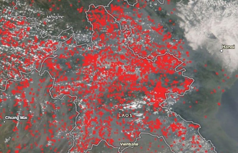 Hundreds of wildfires on a single day – April 18, 2023 – in northern Laos are represented by red dots in this satellite image. Credit: NASA FIRMS