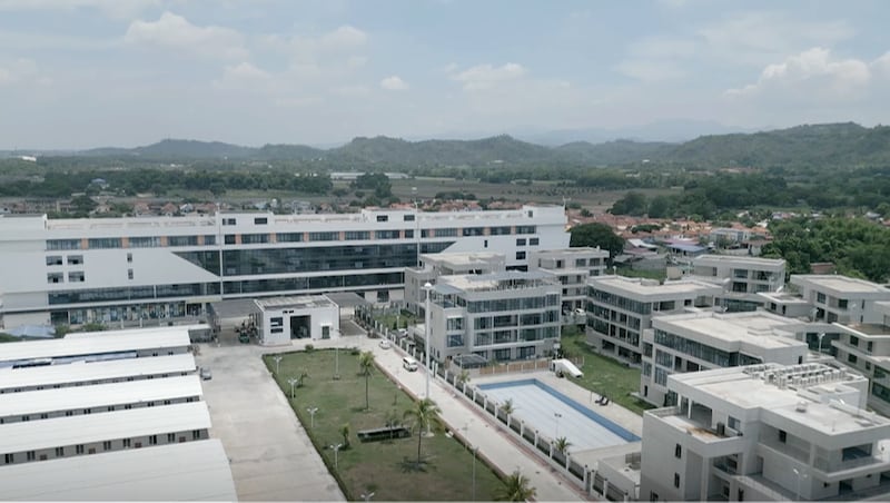 An image from video footage filmed and released by the U.N. Office on Drugs and Crime in July 2024 shows an aerial shot of some of the buildings and features at a compound that housed two Philippine offshore gaming operators in Bamban town, Tarlac province, Philippines. (United Nations Office on Drugs and Crime)