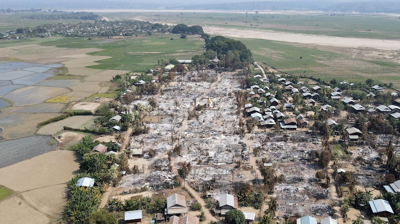 An aerial view of Bin village of the Mingin Township in Sagaing region after villagers say it was set ablaze by the Myanmar military, in Myanmar Febr. 3, 2022. Credit: Reuters