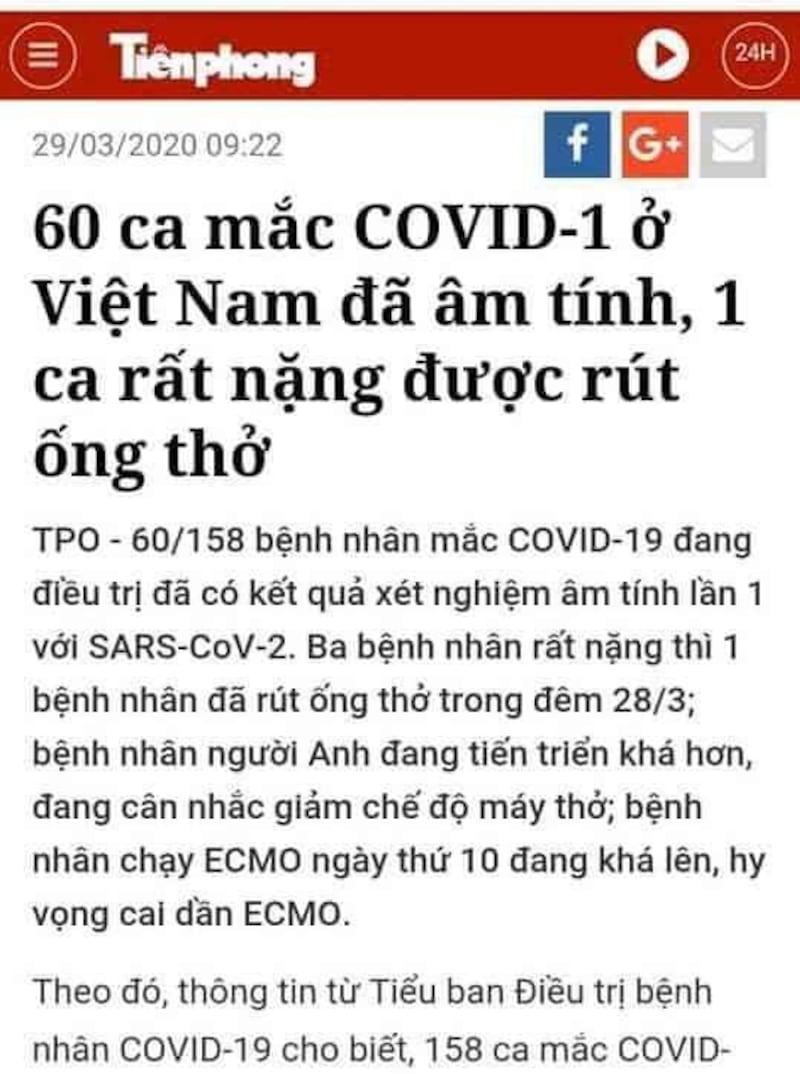 Nội dung bản tin đăng trên Báo mạng Tiền Phong ngày 29/03/2020.