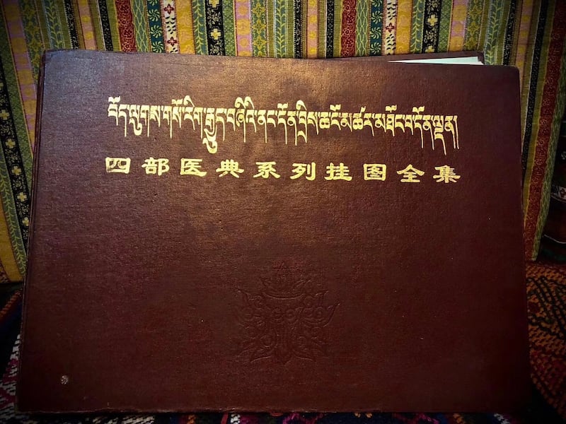 这是1986年西藏人民出版社出版的《四部医典系列挂图全集》。（唯色拍摄）