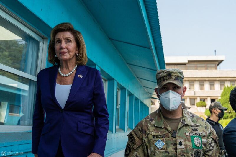 U.S. Speaker of the House Nancy Pelosi visits the Joint Security Area of the Demilitarized Zone separating North and South Korea on August 4, 2022. Credit: Speaker's Office/AFP