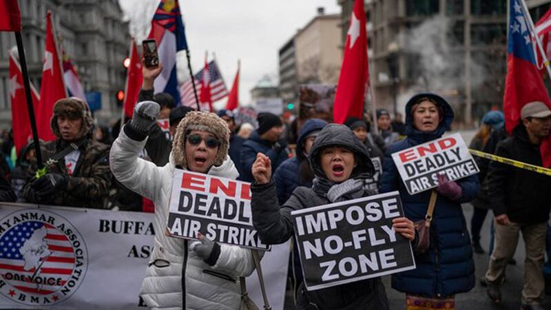 Members of the Myanmar diaspora march in Washington, D.C., calling for a no-fly-zone in Myanmar, Feb. 25, 2023. Credit: RFA