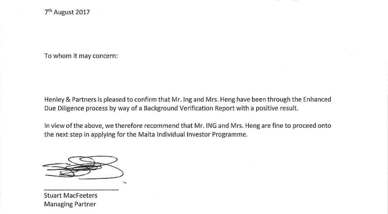 Heng Sokha and Ing Bun Hoaw's representatives pushed Henley & Partners to provide this letter affirming that they cleared the firm's enhanced due diligence. However, the Maltese government reached a different conclusion, and rejected the couple's citizenship application.