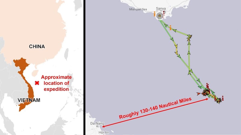 Automatic identification system (AIS) data reveals the Tan Suo 2 operating in waters disputed by China and Vietnam between Feb. 2 and Feb. 9. Credit: Data from MarineTraffic; analysis and annotation by RFA.