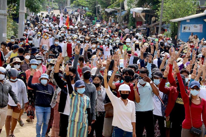 Protesters in Dawei's Launglone township march Thursday against the military coup in Dawei's Launglone township. (AFP/Dawei Watch)