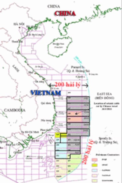 Bản đồ chỉ rõ 9 lô dầu khí mà Tổng Công ty Dầu khí Hải Dương Trung Quốc mở thầu quốc tế hoàn toàn nằm trong vùng đặc quyền kinh tế 200 hải lý và thềm lục địa của Việt Nam.Source PVN.