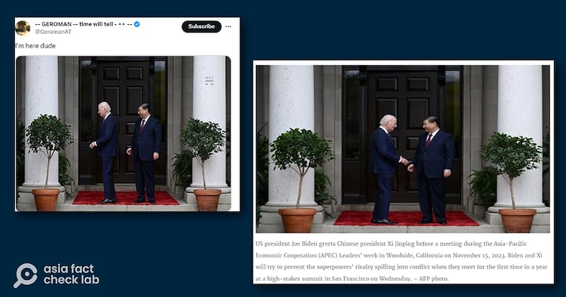 社媒用户转传一张美国总统拜登背对中国国家主席习近平的照片（左图），但法新社的照片显示拜登当时面对着习近平（右图）。（X、法新社截图）